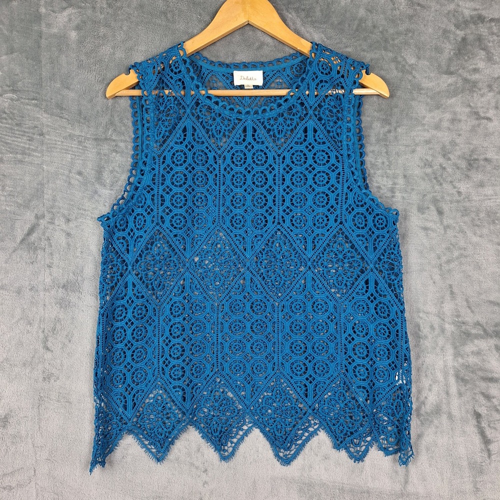 Deletta Anthropologie Top Medium Blue Crochet Lace Boho Sheer Festival Fairy